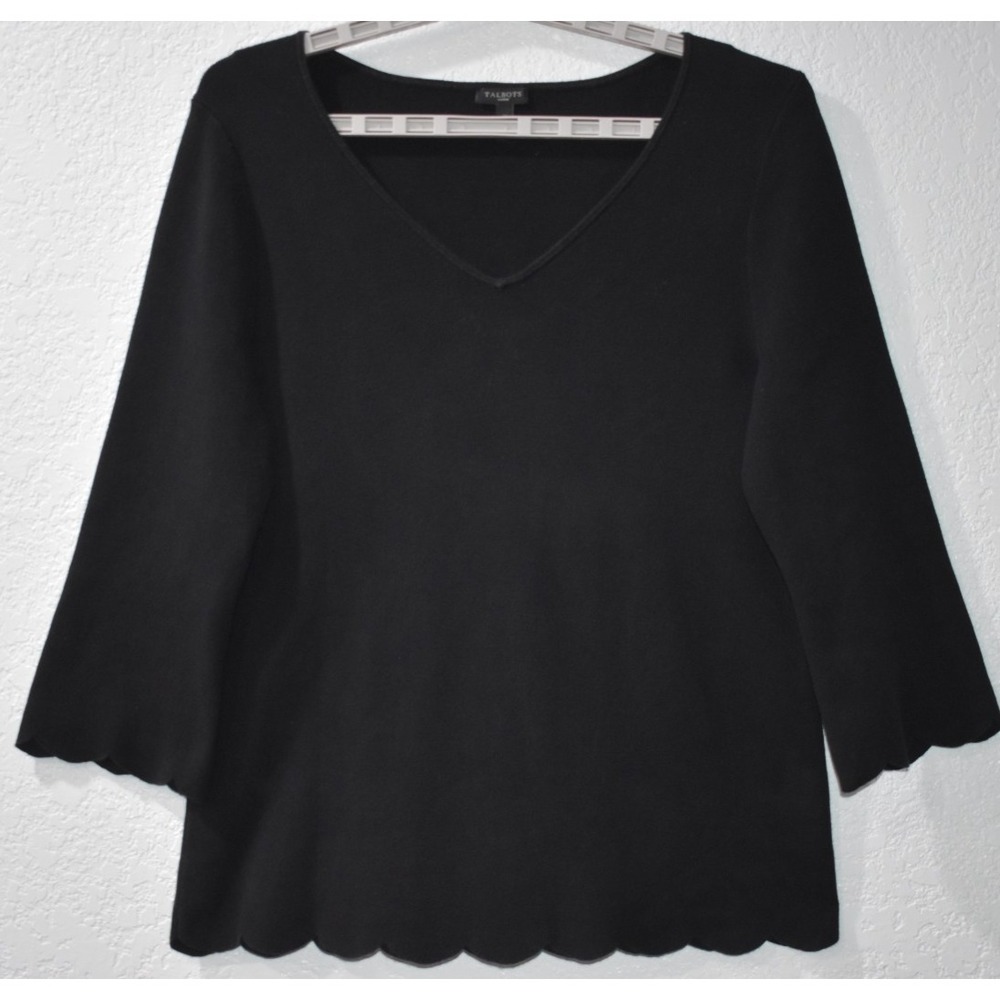 Talbots X Sweater Scallop Trim Solid Stretch VNeck Ribbed Elegant Black Pullover - Picture 13 of 16